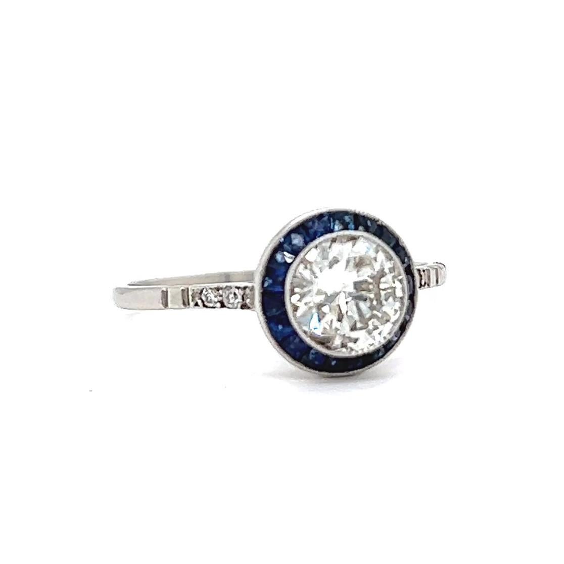Women's or Men's Art Deco Inspired 0.87 Carat Diamond Sapphire Platinum Halo Engagement Ring For Sale