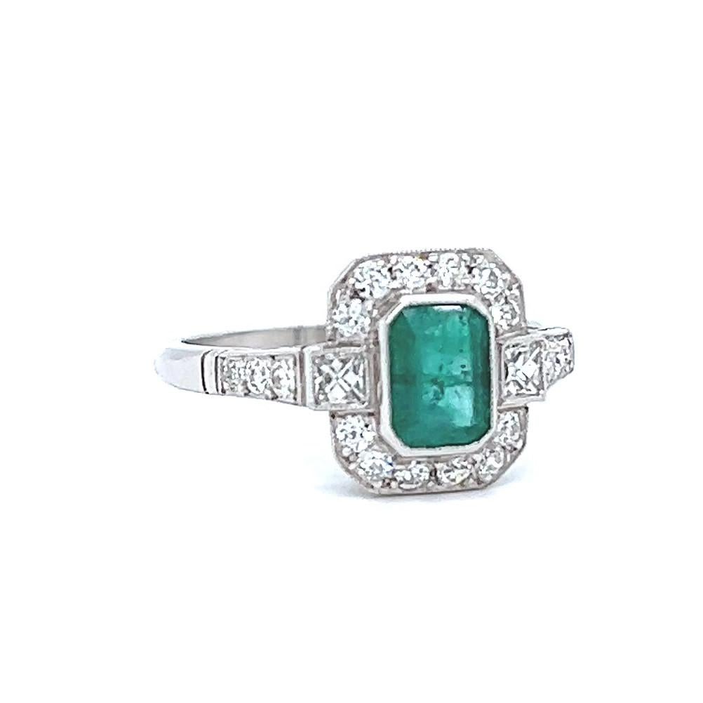 Women's or Men's Art Deco Inspired 0.70 Carat Emerald Diamond Platinum Ring