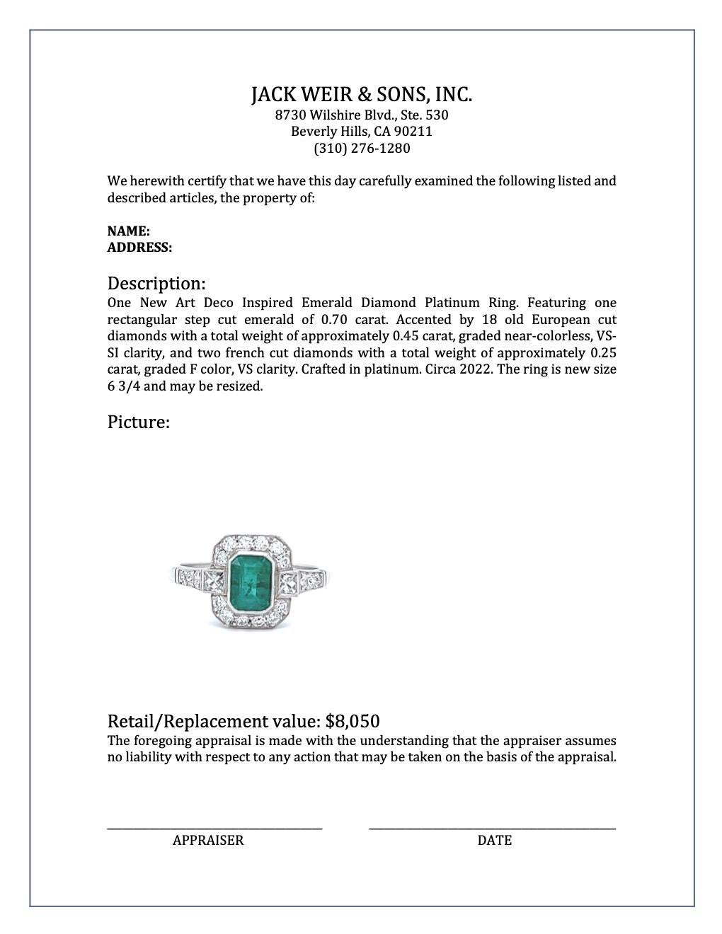 Art Deco Inspired 0.70 Carat Emerald Diamond Platinum Ring 3