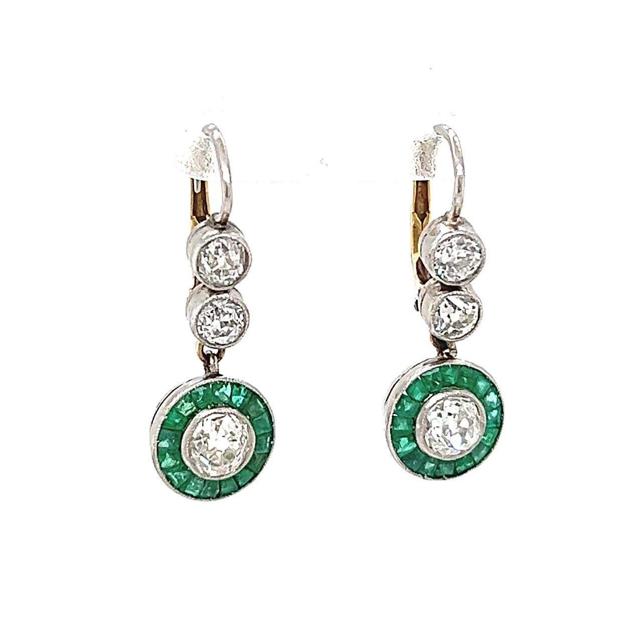 Art Deco Inspired Old European Cut Diamond Emerald Platinum Drop Earrings 1