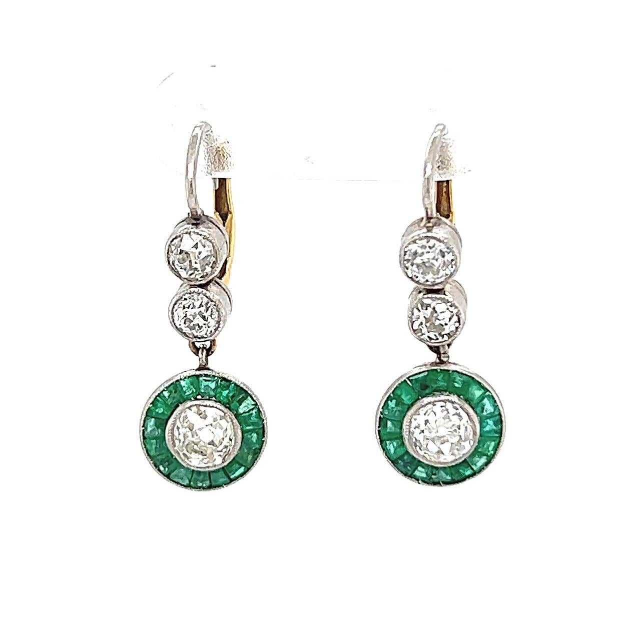 Art Deco Inspired Old European Cut Diamond Emerald Platinum Drop Earrings 2
