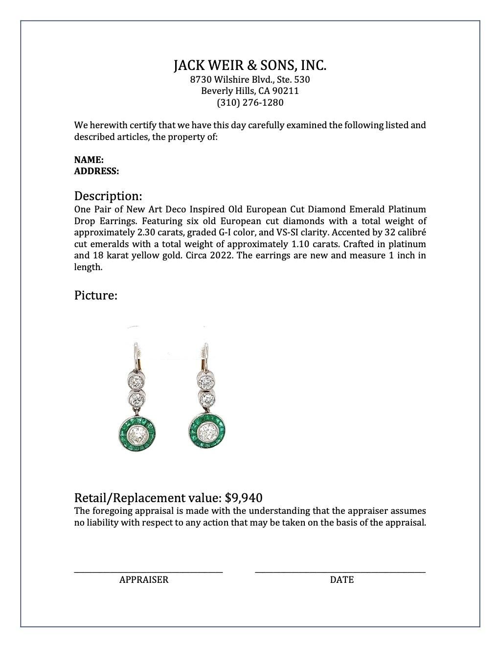 Art Deco Inspired Old European Cut Diamond Emerald Platinum Drop Earrings 4