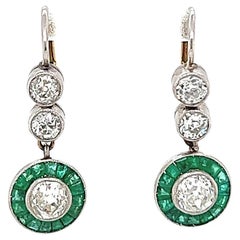 Art Deco Inspired Old European Cut Diamond Emerald Platinum Drop Earrings