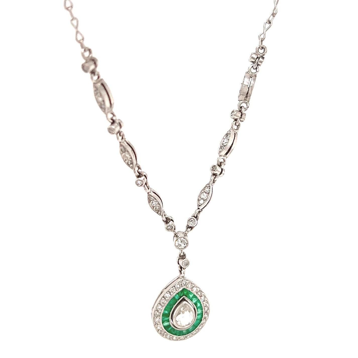 Women's or Men's Art Deco Inspired Pear Shape Diamond Emerald Platinum Drop Necklace For Sale