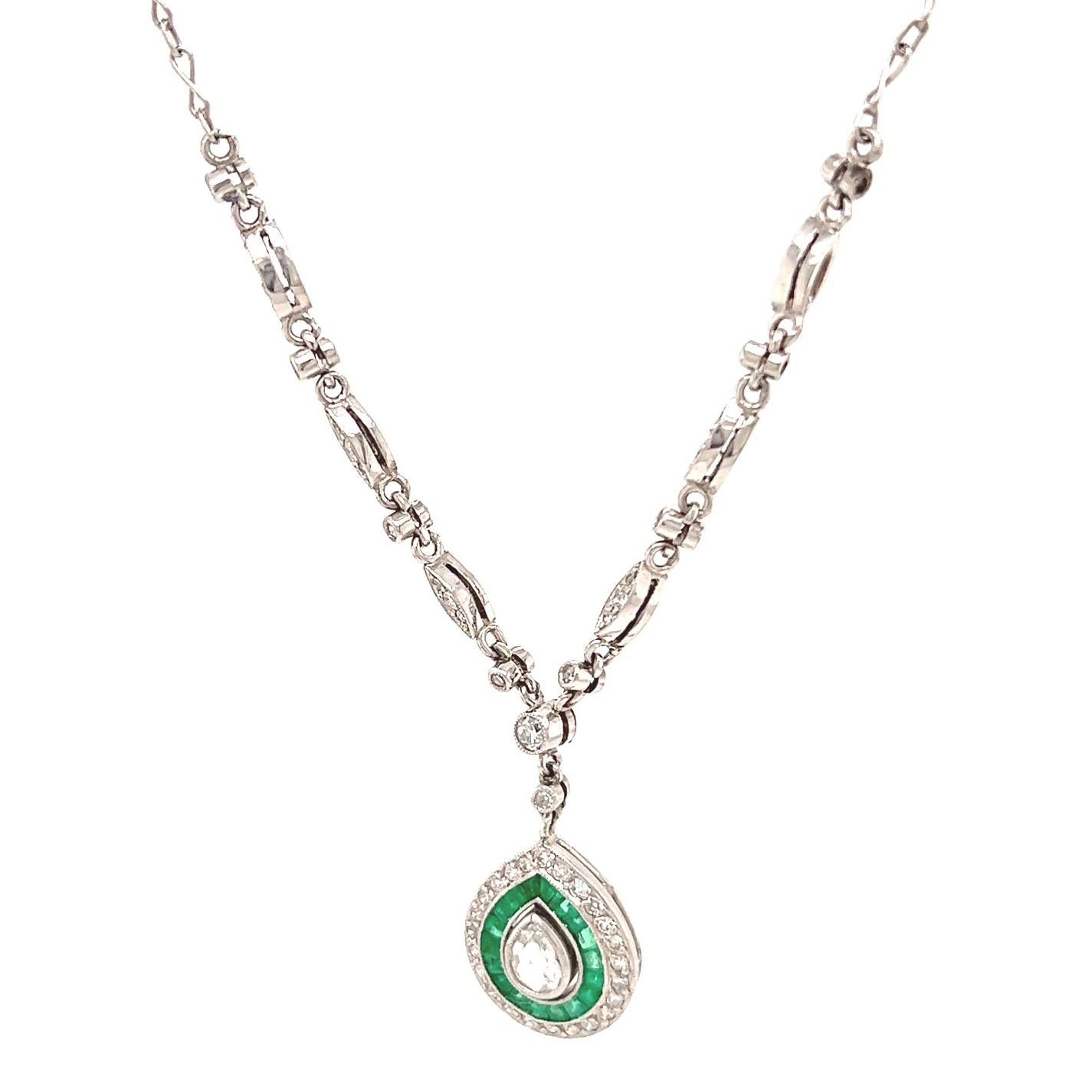 Art Deco Inspired Pear Shape Diamond Emerald Platinum Drop Necklace For Sale 1