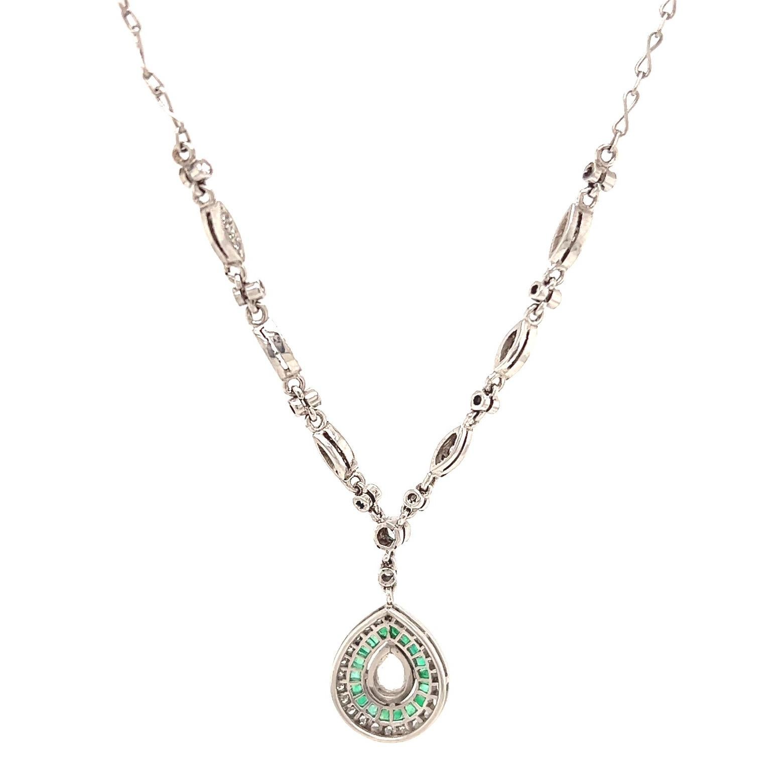 Art Deco Inspired Pear Shape Diamond Emerald Platinum Drop Necklace For Sale 2