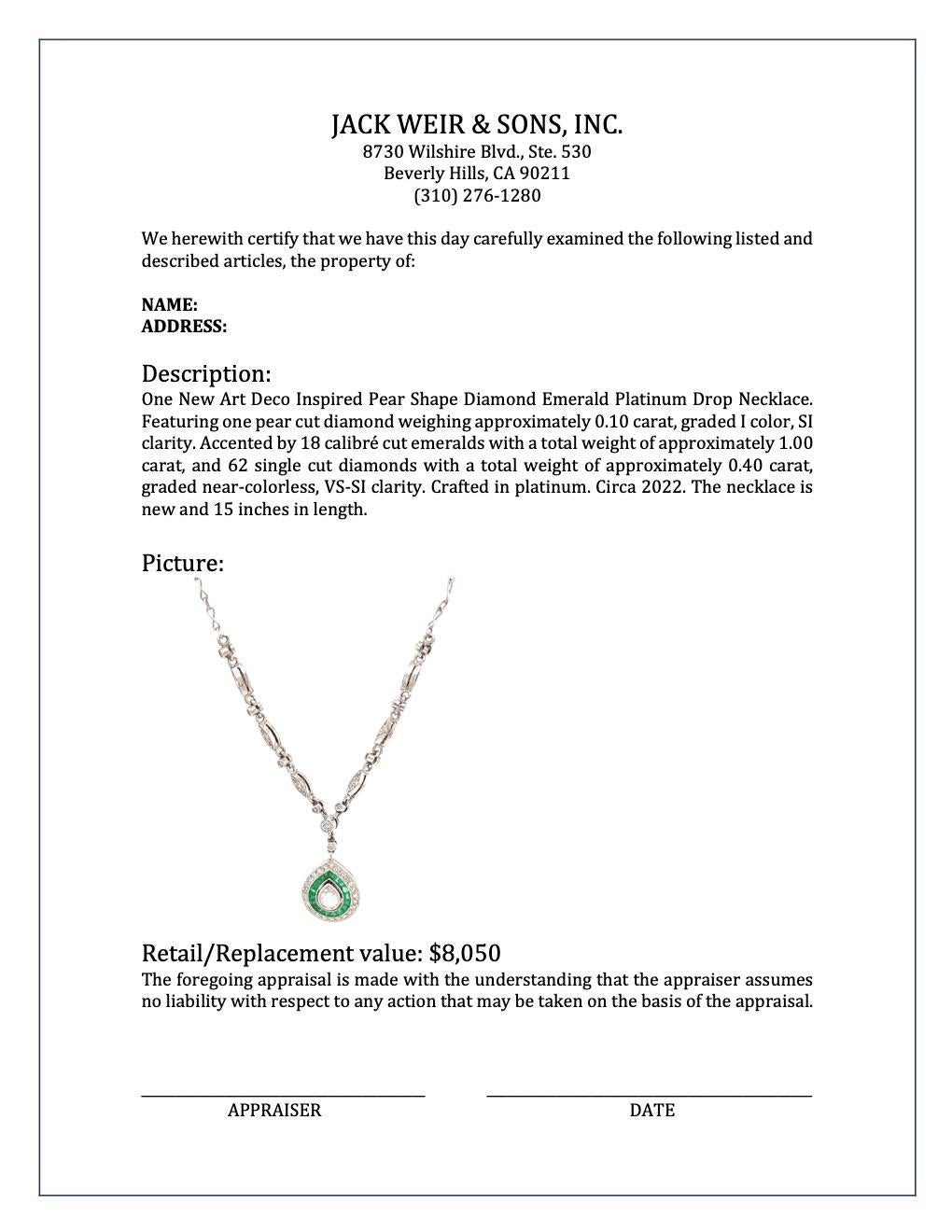 Art Deco Inspired Pear Shape Diamond Emerald Platinum Drop Necklace For Sale 3