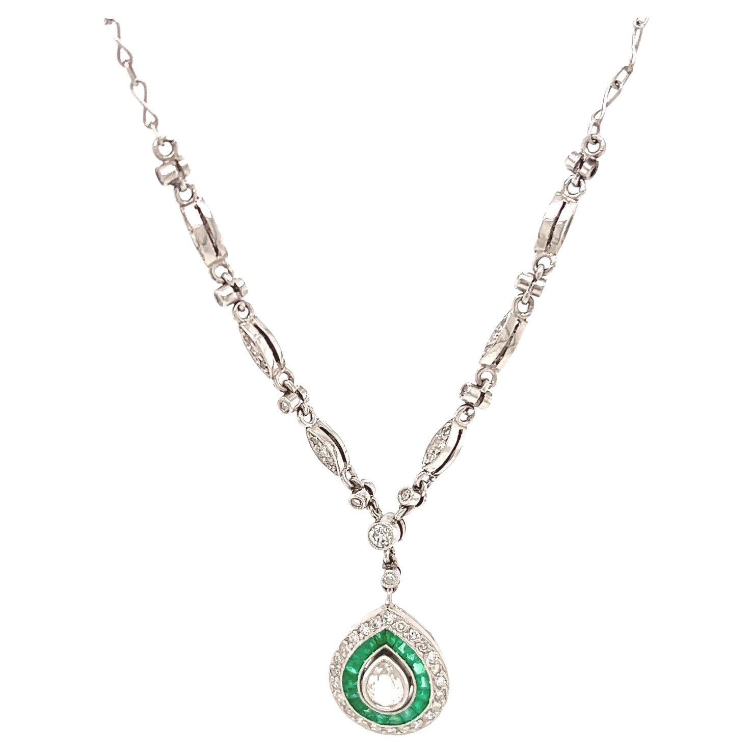 Art Deco Inspired Pear Shape Diamond Emerald Platinum Drop Necklace
