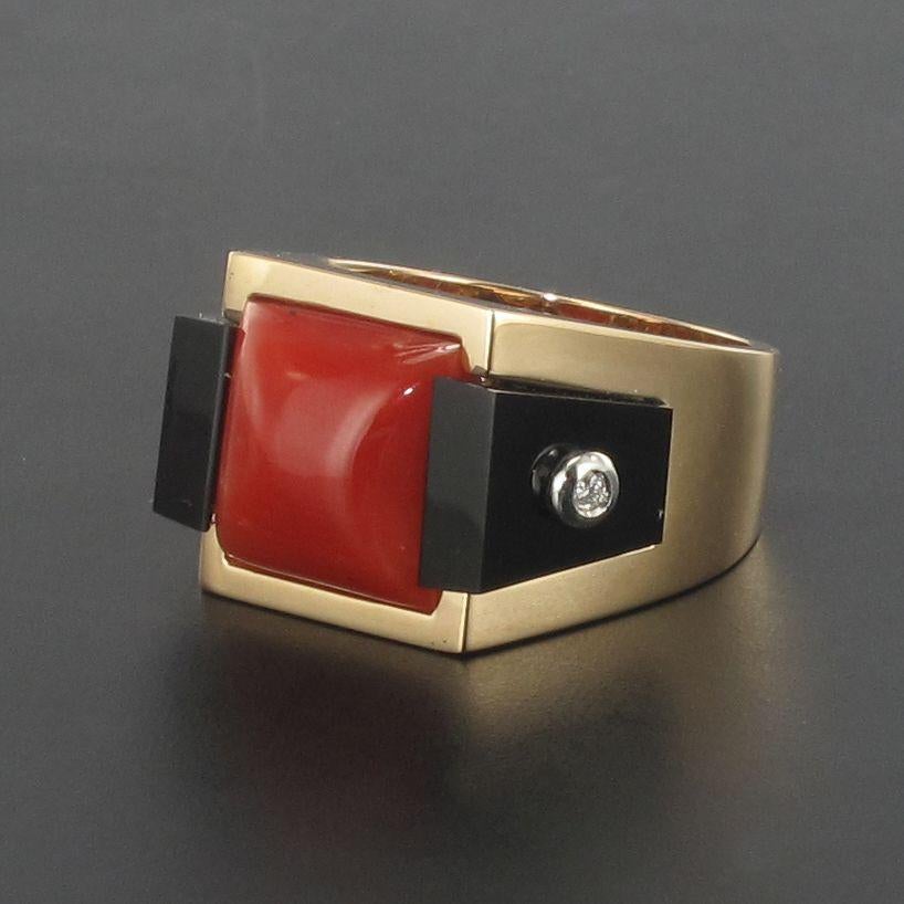 Art Deco Style Spirit Coral Sugar Loaf Onyx Diamond Signet Ring 3