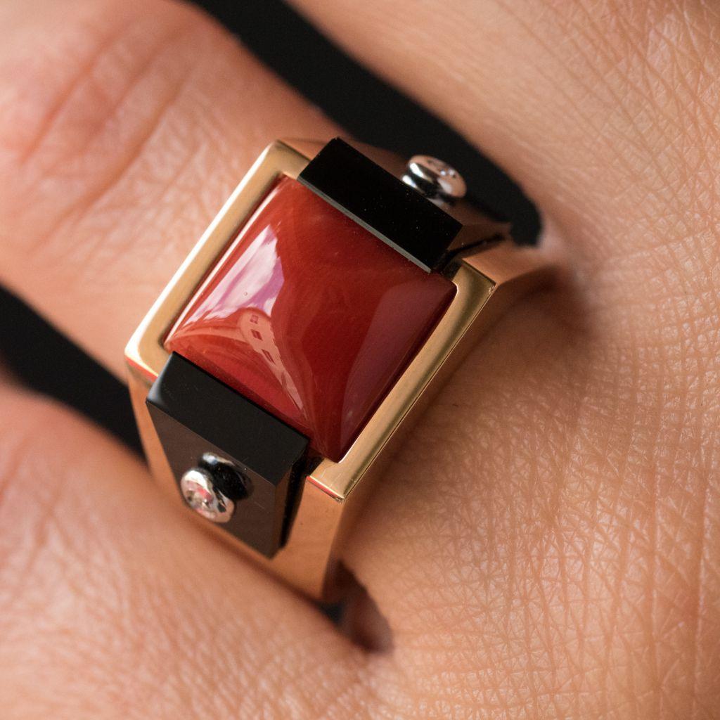 Women's Art Deco Style Spirit Coral Sugar Loaf Onyx Diamond Signet Ring