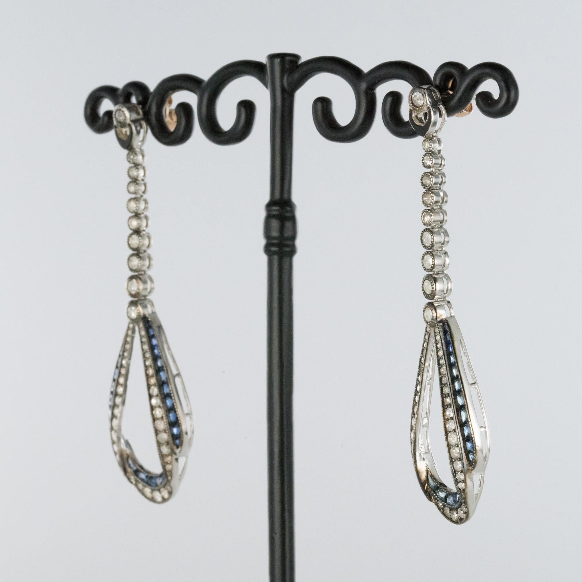 New Art Deco Spirit Draped Diamond Sapphire Dangle Earrings In New Condition In Poitiers, FR