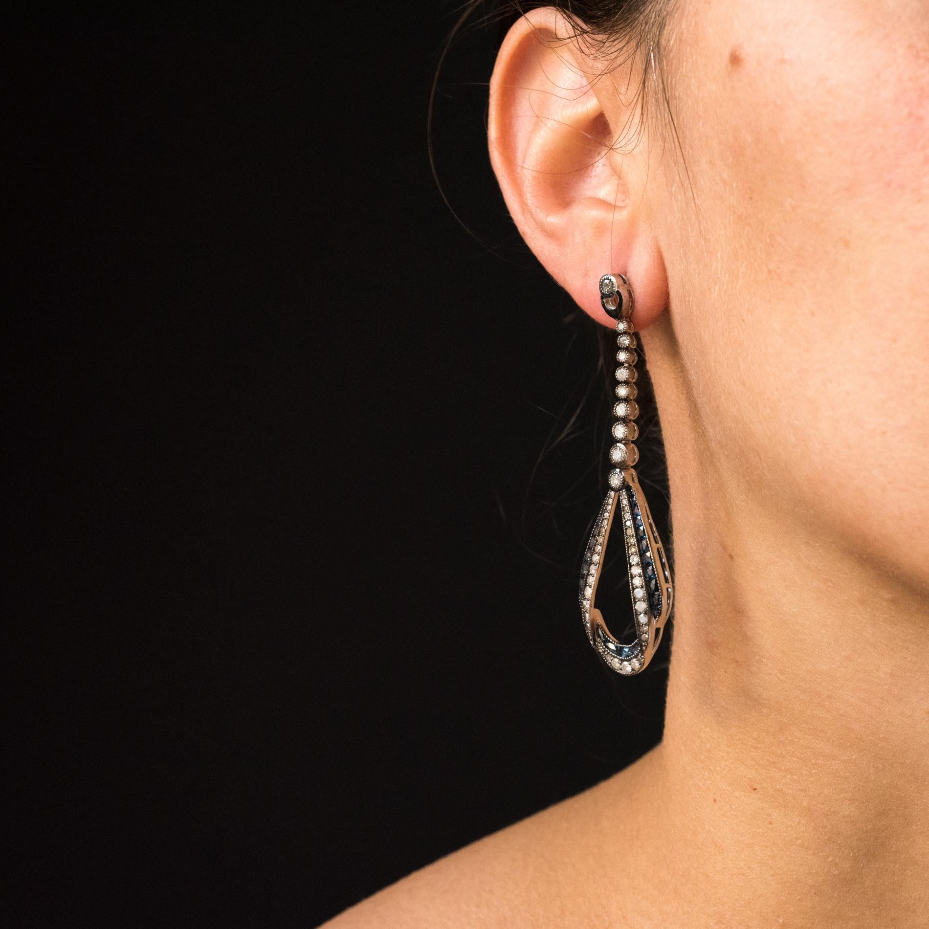 Women's New Art Deco Spirit Draped Diamond Sapphire Dangle Earrings