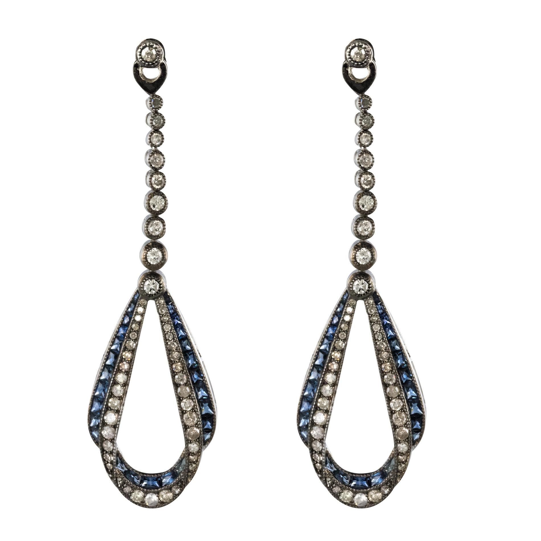 New Art Deco Spirit Draped Diamond Sapphire Dangle Earrings