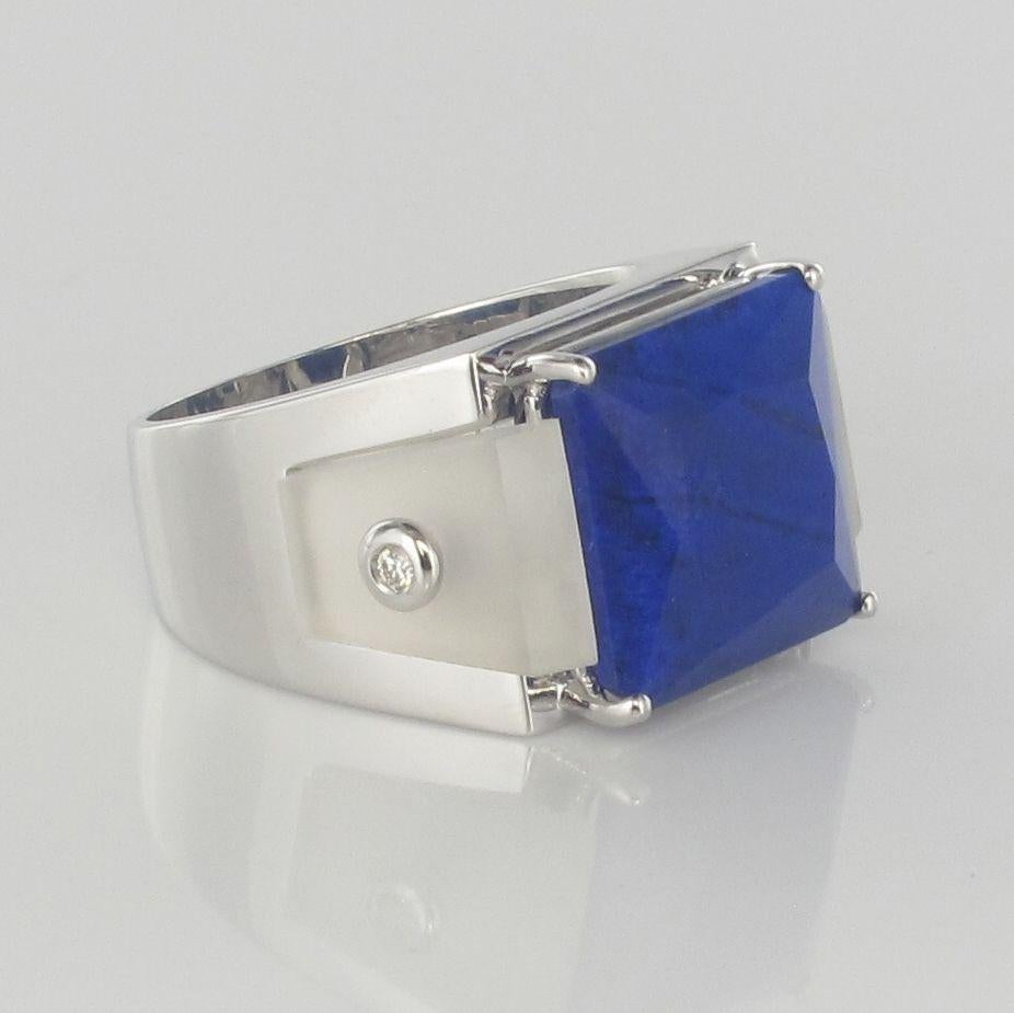 Art Deco Style Spirit Lapis Lazuli Rock Crystal Diamond Signet Ring For Sale 2