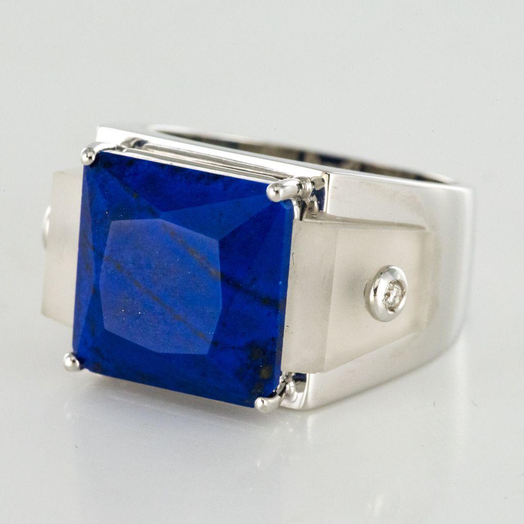 Art Deco Style Spirit Lapis Lazuli Rock Crystal Diamond Signet Ring In New Condition For Sale In Poitiers, FR