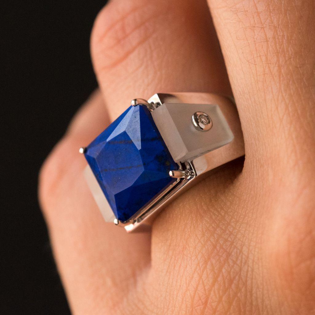 Women's Art Deco Style Spirit Lapis Lazuli Rock Crystal Diamond Signet Ring For Sale