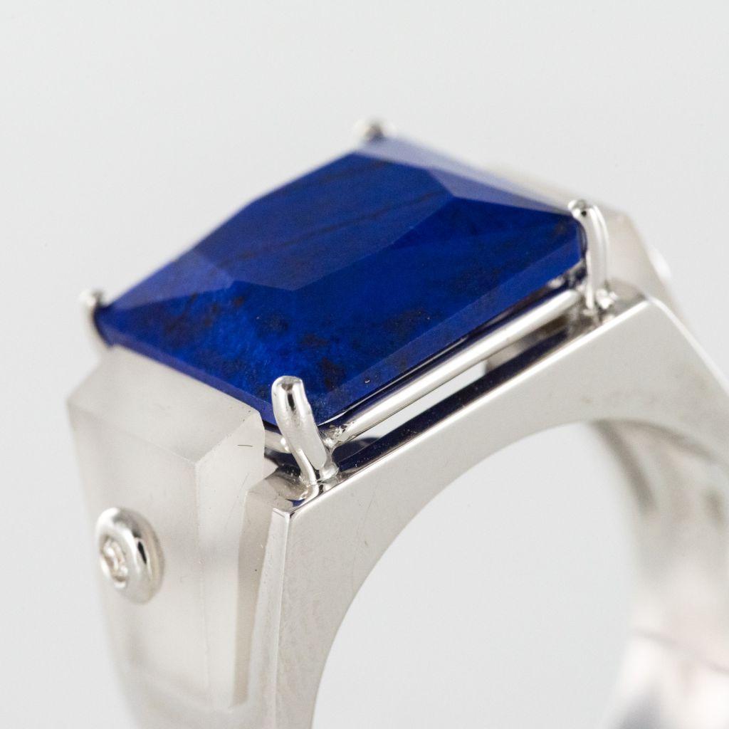 Brilliant Cut Art Deco Style Spirit Lapis Lazuli Rock Crystal Diamond Signet Ring For Sale