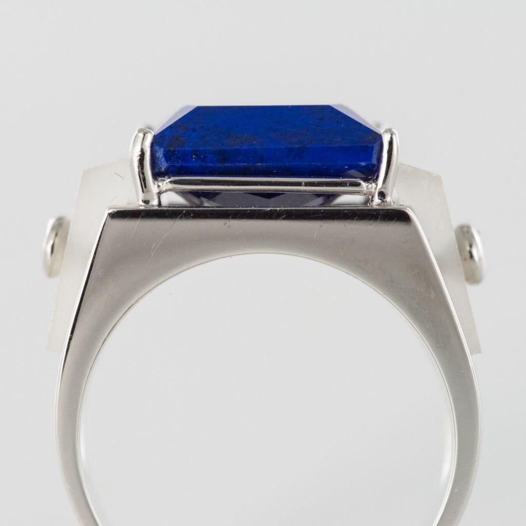 Art Deco Style Spirit Lapis Lazuli Rock Crystal Diamond Signet Ring In New Condition For Sale In Poitiers, FR