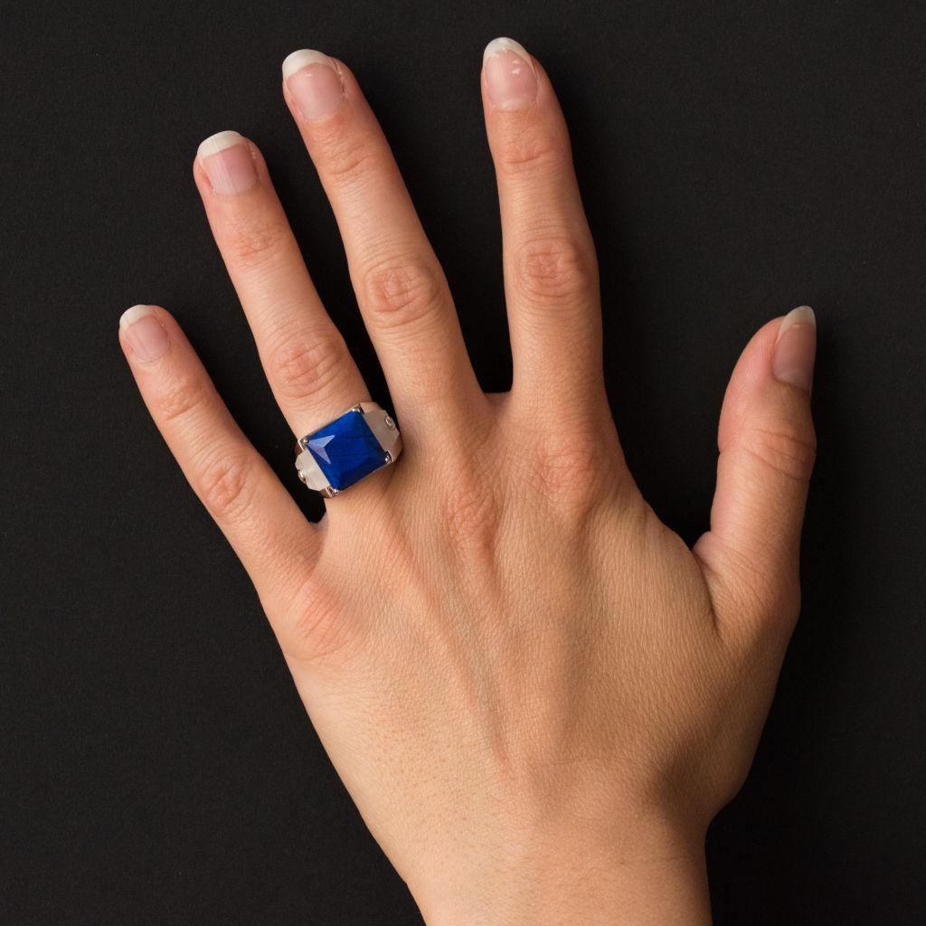 Women's Art Deco Style Spirit Lapis Lazuli Rock Crystal Diamond Signet Ring For Sale