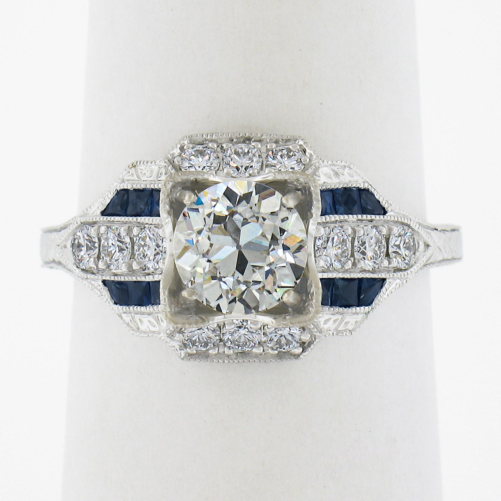 Taille vieille Europe Bague de style Art déco en or blanc 14 carats, certifiée GIA, avec diamants et saphirs de 1,69 carat en vente
