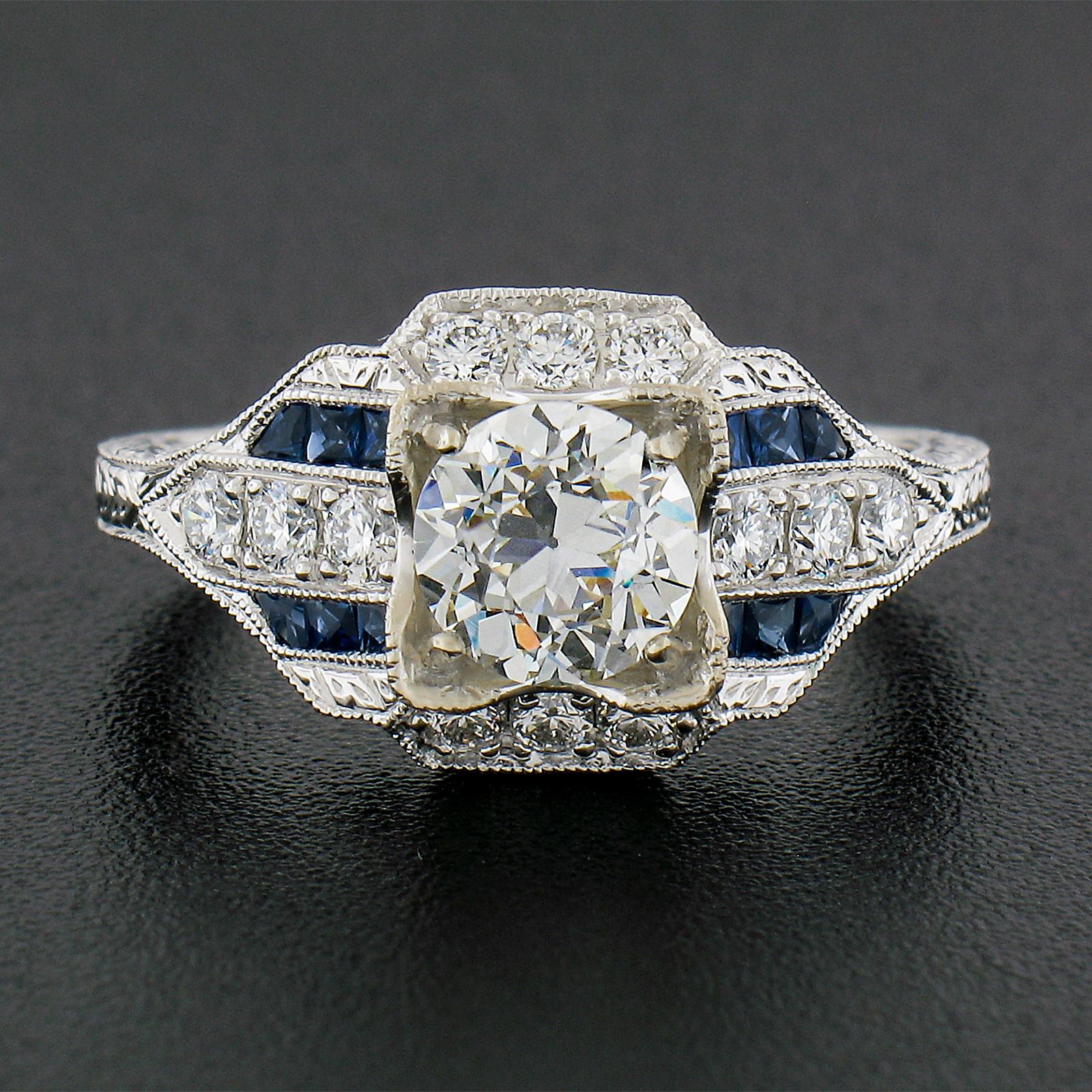 Bague de style Art déco en or blanc 14 carats, certifiée GIA, avec diamants et saphirs de 1,69 carat Neuf - En vente à Montclair, NJ