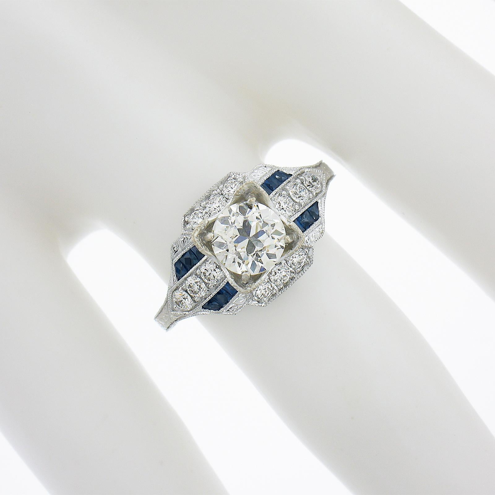 Bague de style Art déco en or blanc 14 carats, certifiée GIA, avec diamants et saphirs de 1,69 carat Pour femmes en vente