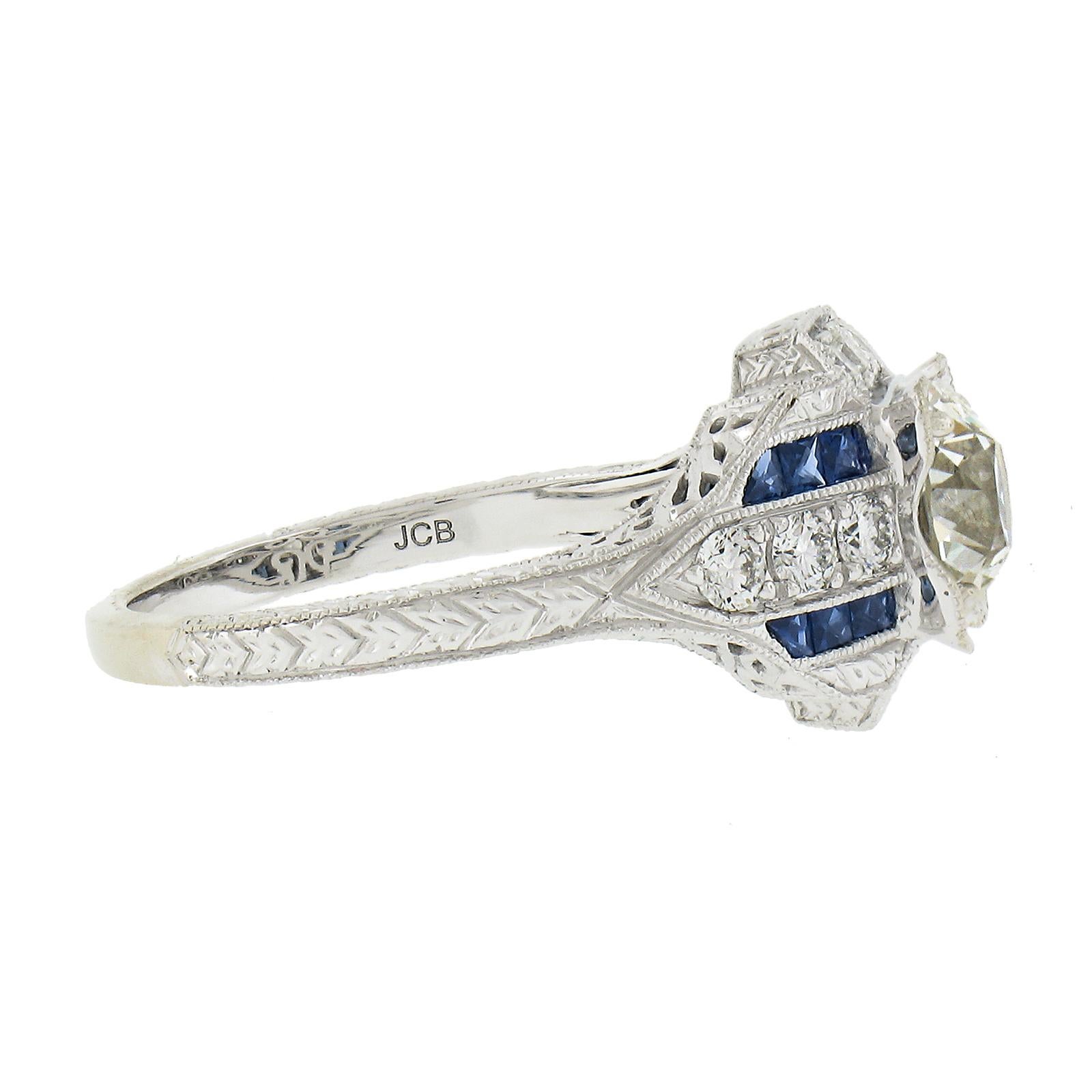 Bague de style Art déco en or blanc 14 carats, certifiée GIA, avec diamants et saphirs de 1,69 carat en vente 1
