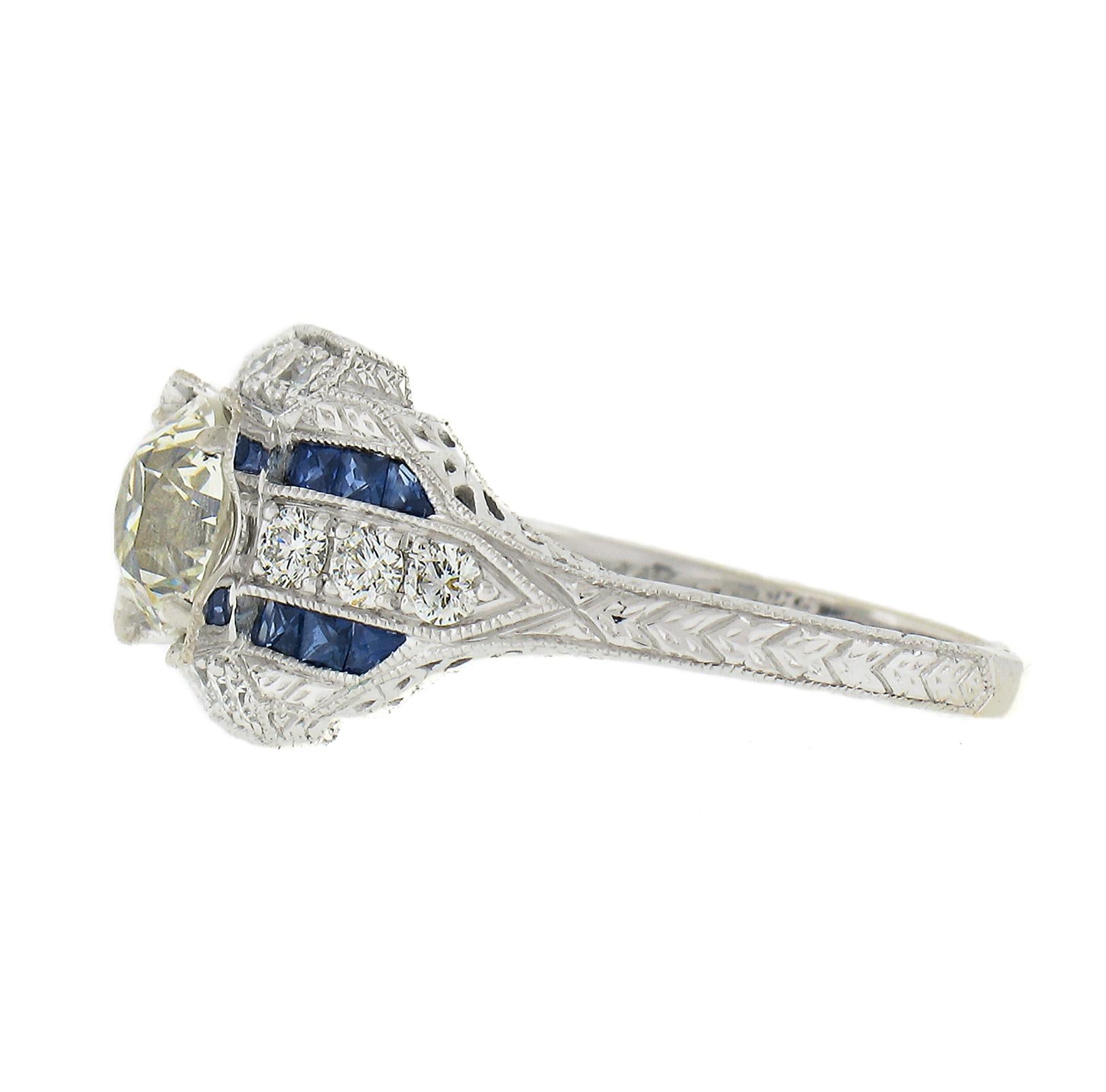 Bague de style Art déco en or blanc 14 carats, certifiée GIA, avec diamants et saphirs de 1,69 carat en vente 2