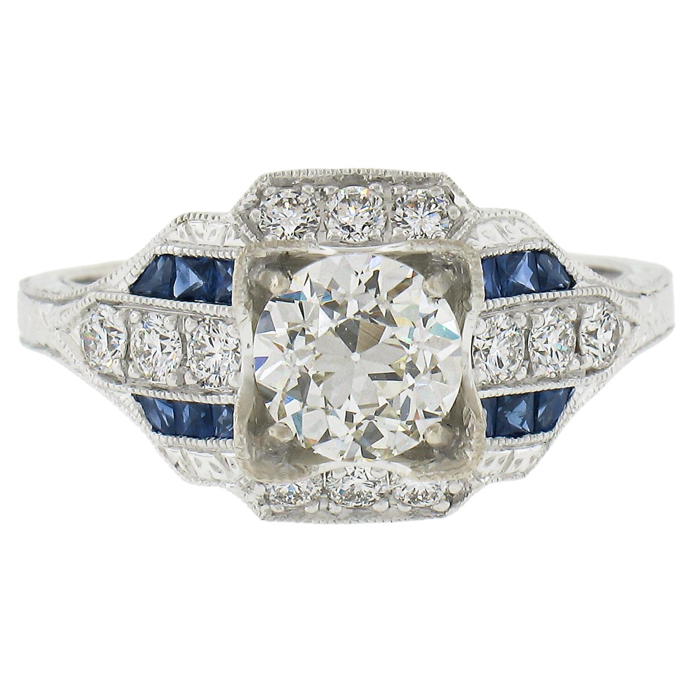 New Art Deco Style 14K White Gold GIA 1.69ctw Diamond & Sapphire Wheat Work Ring