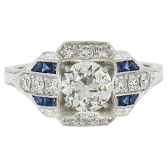Nuevo Anillo Estilo Art Decó de Oro Blanco de 14K GIA 1,69ctw Diamante y Zafiro Trabajo de Trigo