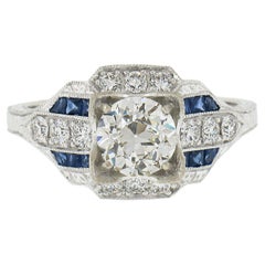 New Art Deco Style 14K White Gold GIA 1.69ctw Diamond & Sapphire Wheat Work Ring