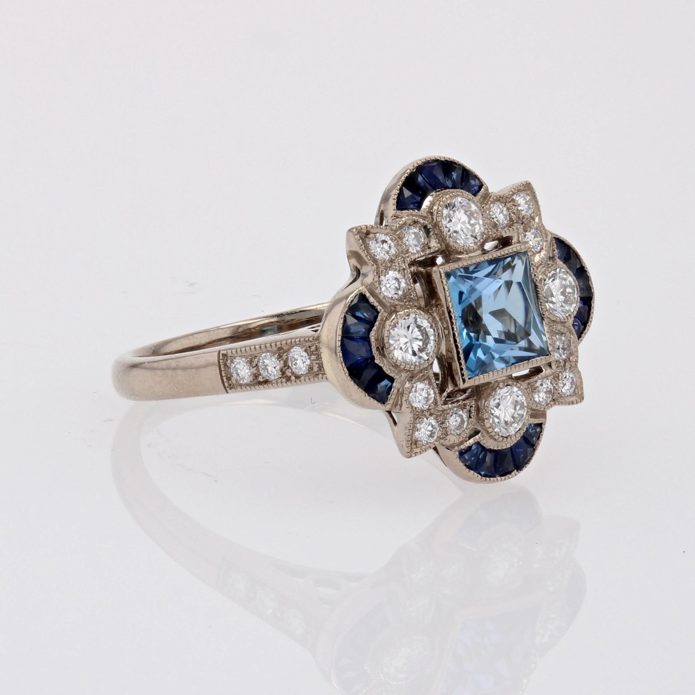 New Art Deco Style Aquamarine Calibrated Sapphires Diamonds 18K White Gold Ring For Sale 5