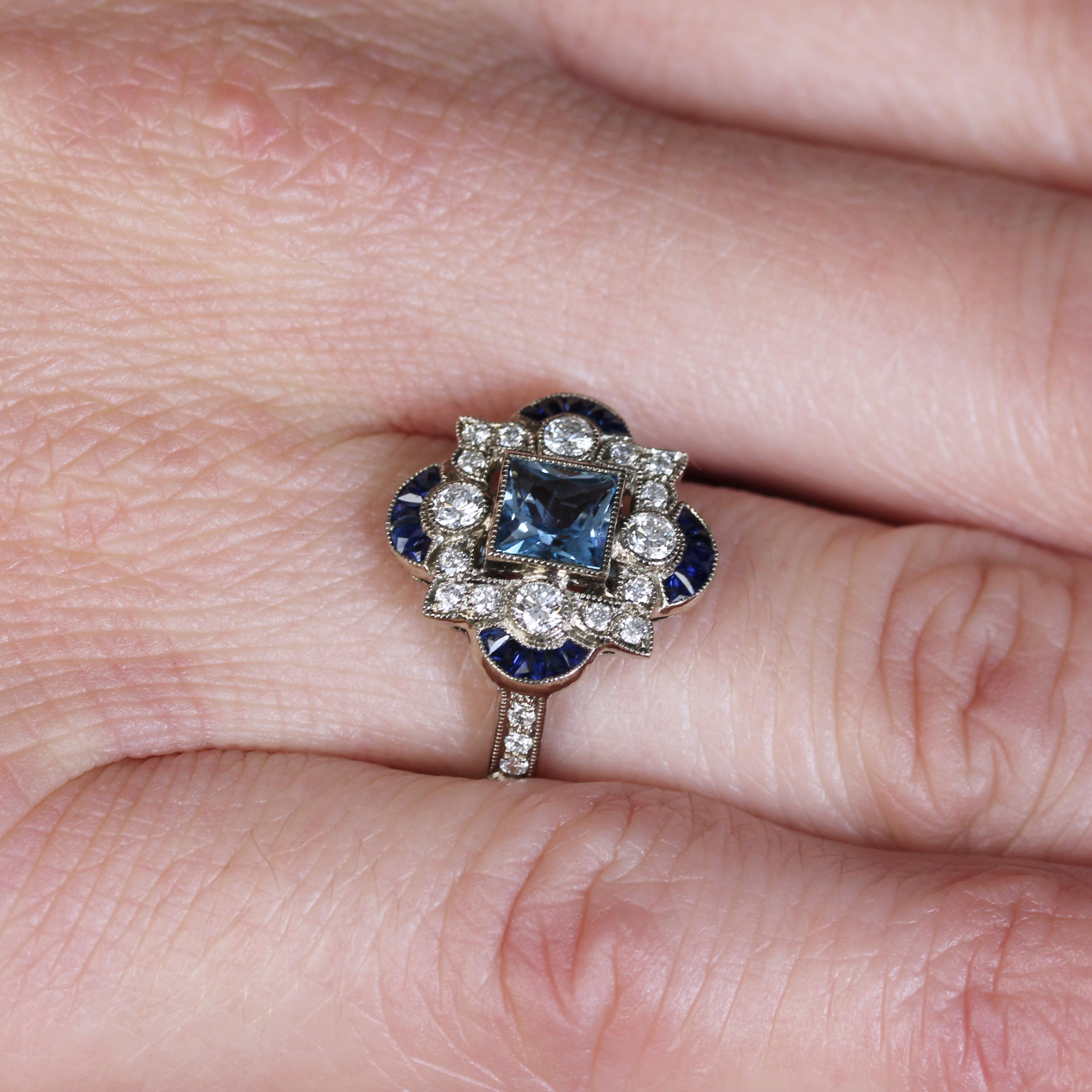 New Art Deco Style Aquamarine Calibrated Sapphires Diamonds 18K White Gold Ring For Sale 6