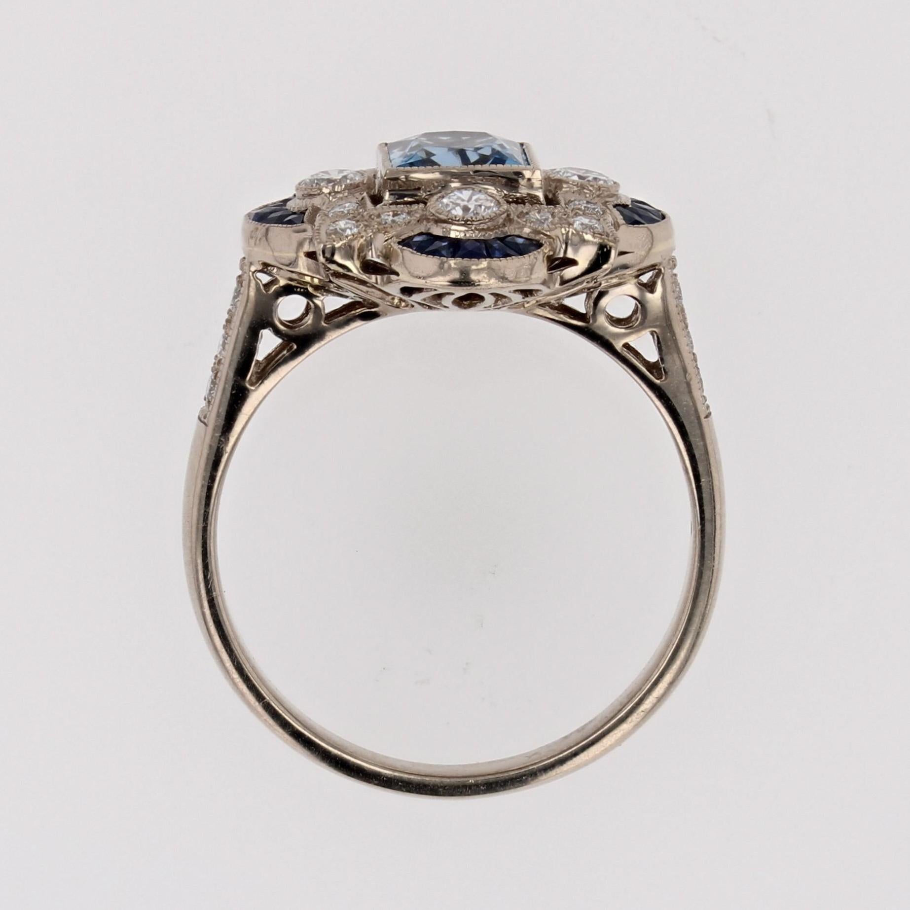 New Art Deco Style Aquamarine Calibrated Sapphires Diamonds 18K White Gold Ring For Sale 9