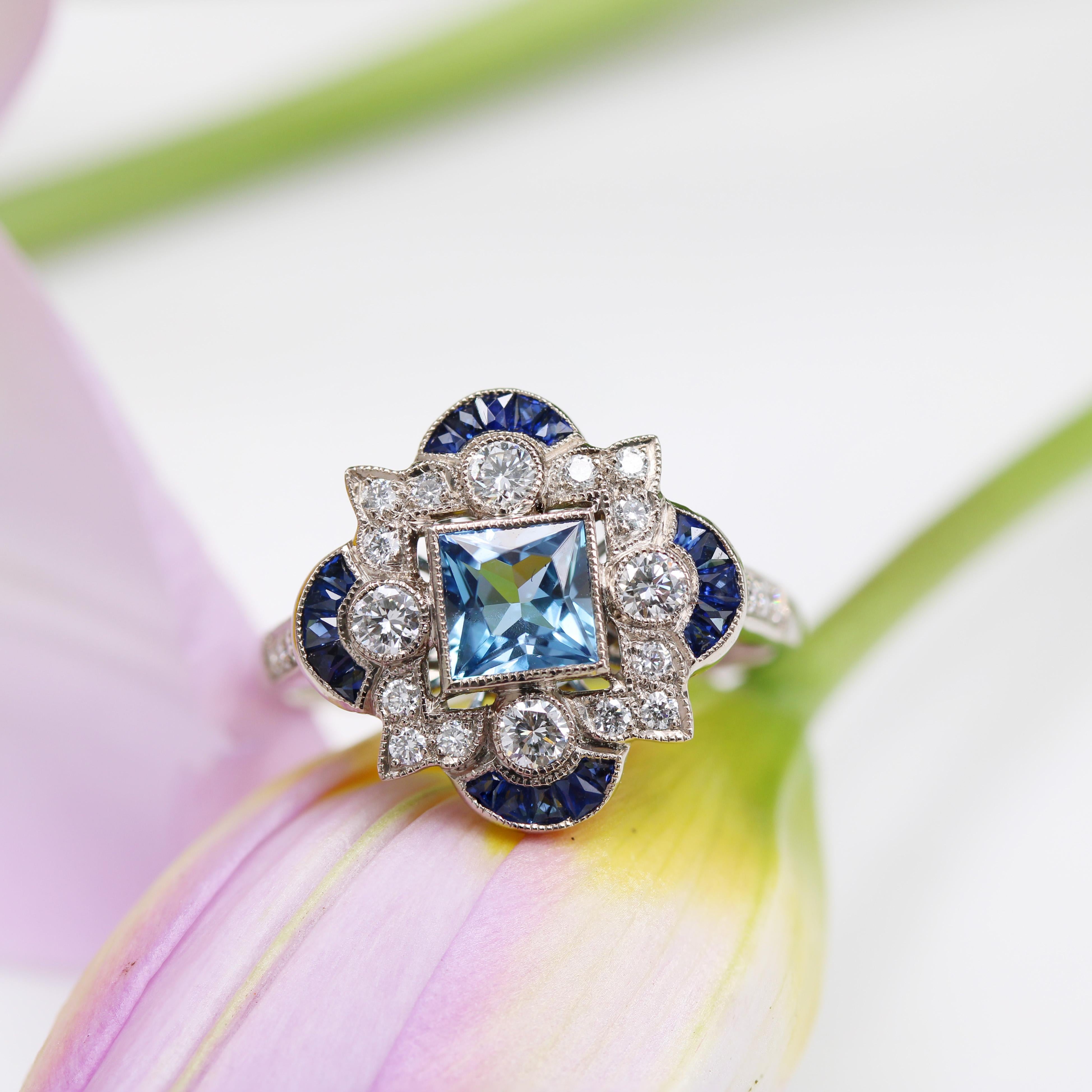Square Cut New Art Deco Style Aquamarine Calibrated Sapphires Diamonds 18K White Gold Ring For Sale
