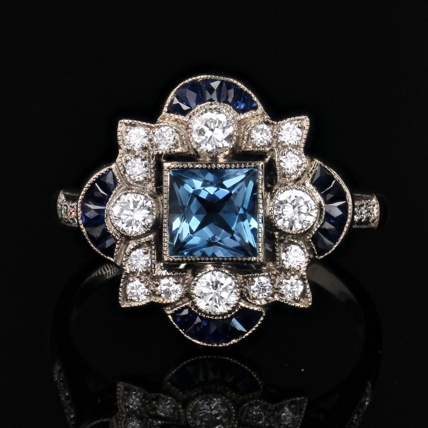 Women's New Art Deco Style Aquamarine Calibrated Sapphires Diamonds 18K White Gold Ring For Sale