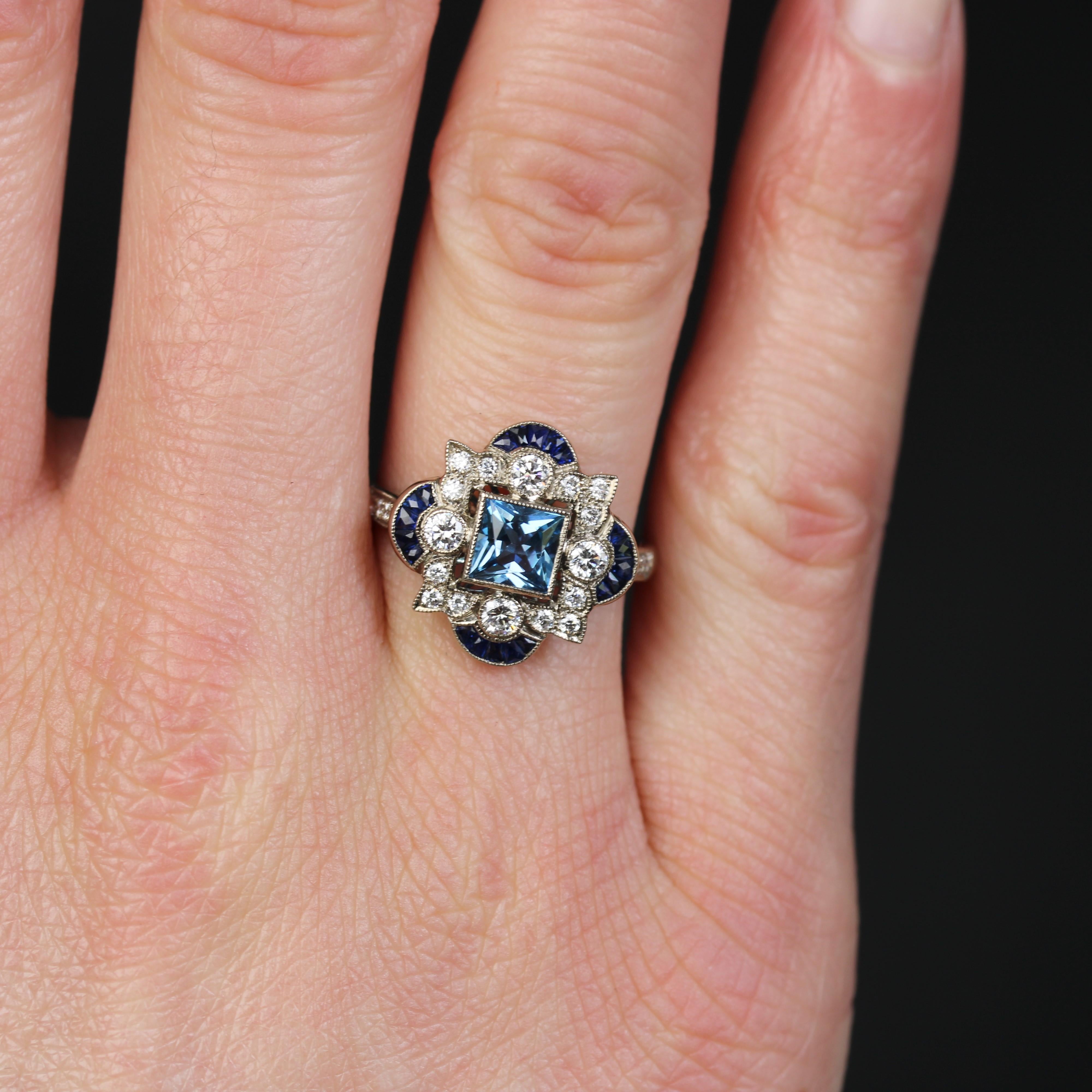 New Art Deco Style Aquamarine Calibrated Sapphires Diamonds 18K White Gold Ring For Sale 1