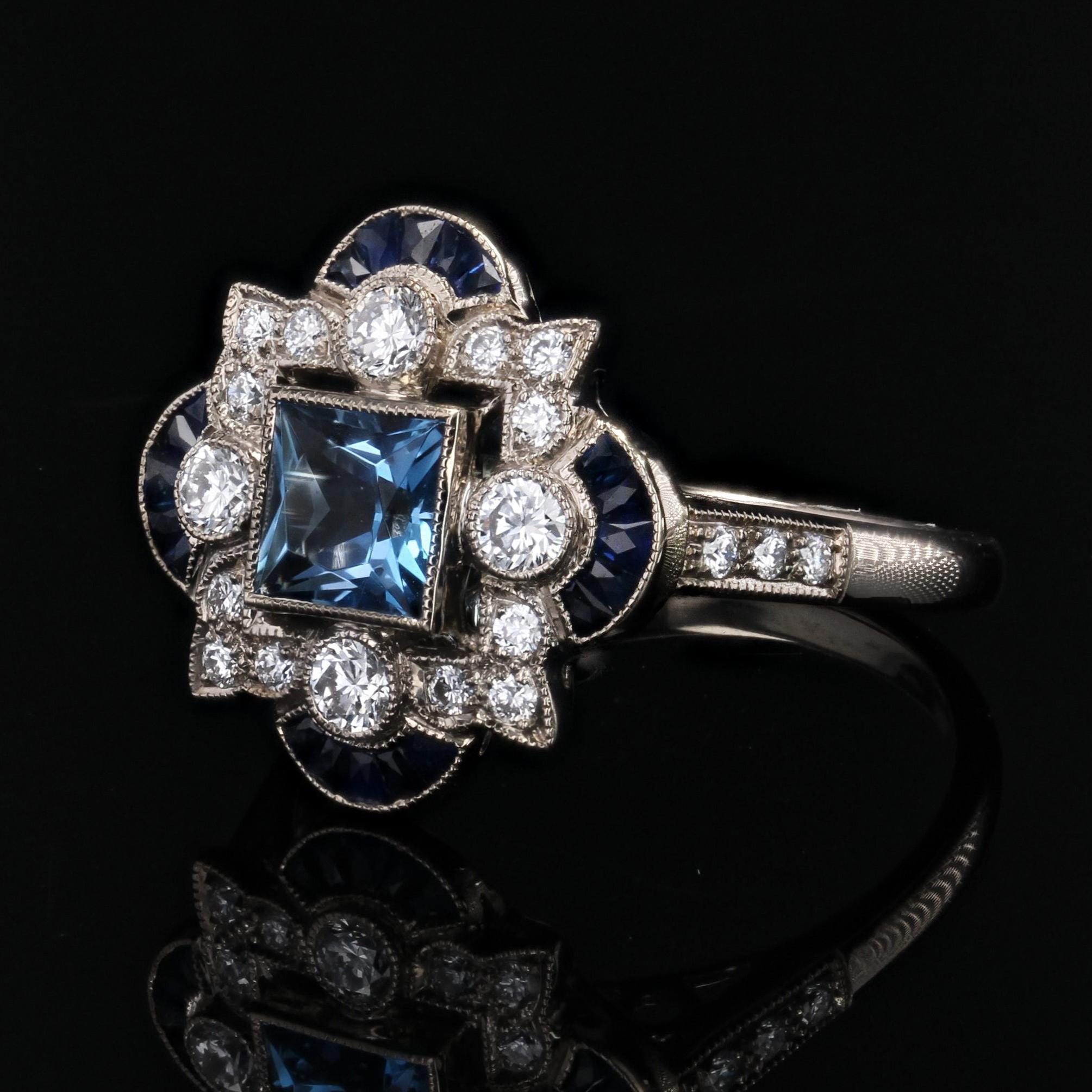 New Art Deco Style Aquamarine Calibrated Sapphires Diamonds 18K White Gold Ring For Sale 2