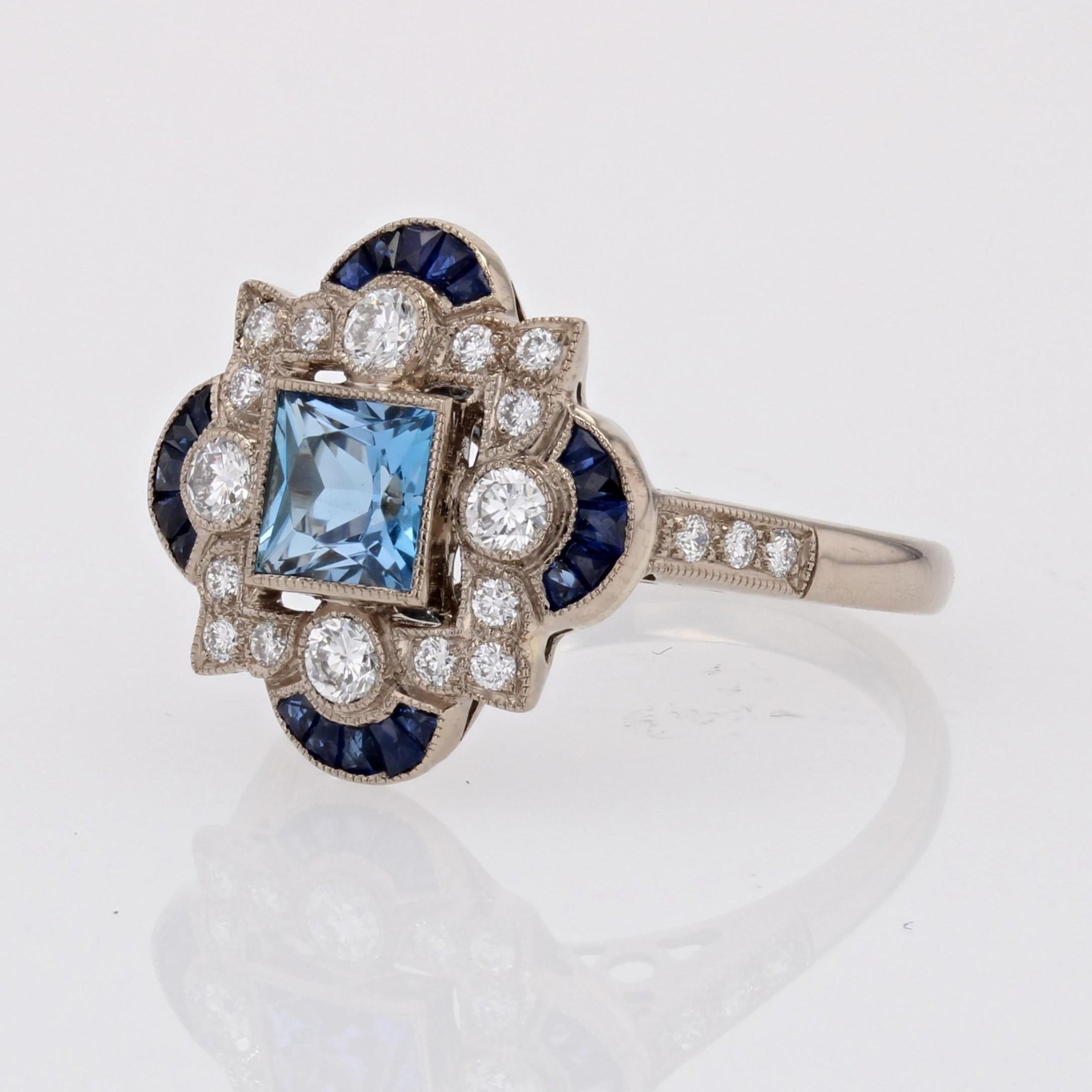 New Art Deco Style Aquamarine Calibrated Sapphires Diamonds 18K White Gold Ring For Sale 3