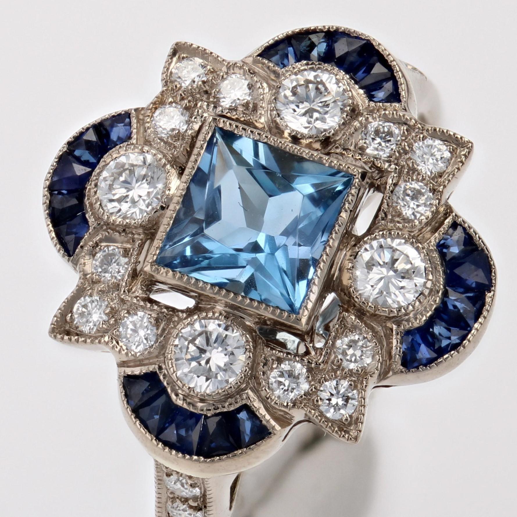 New Art Deco Style Aquamarine Calibrated Sapphires Diamonds 18K White Gold Ring For Sale 4