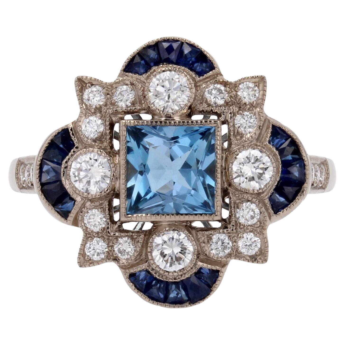 New Art Deco Style Aquamarine Calibrated Sapphires Diamonds 18K White Gold Ring For Sale