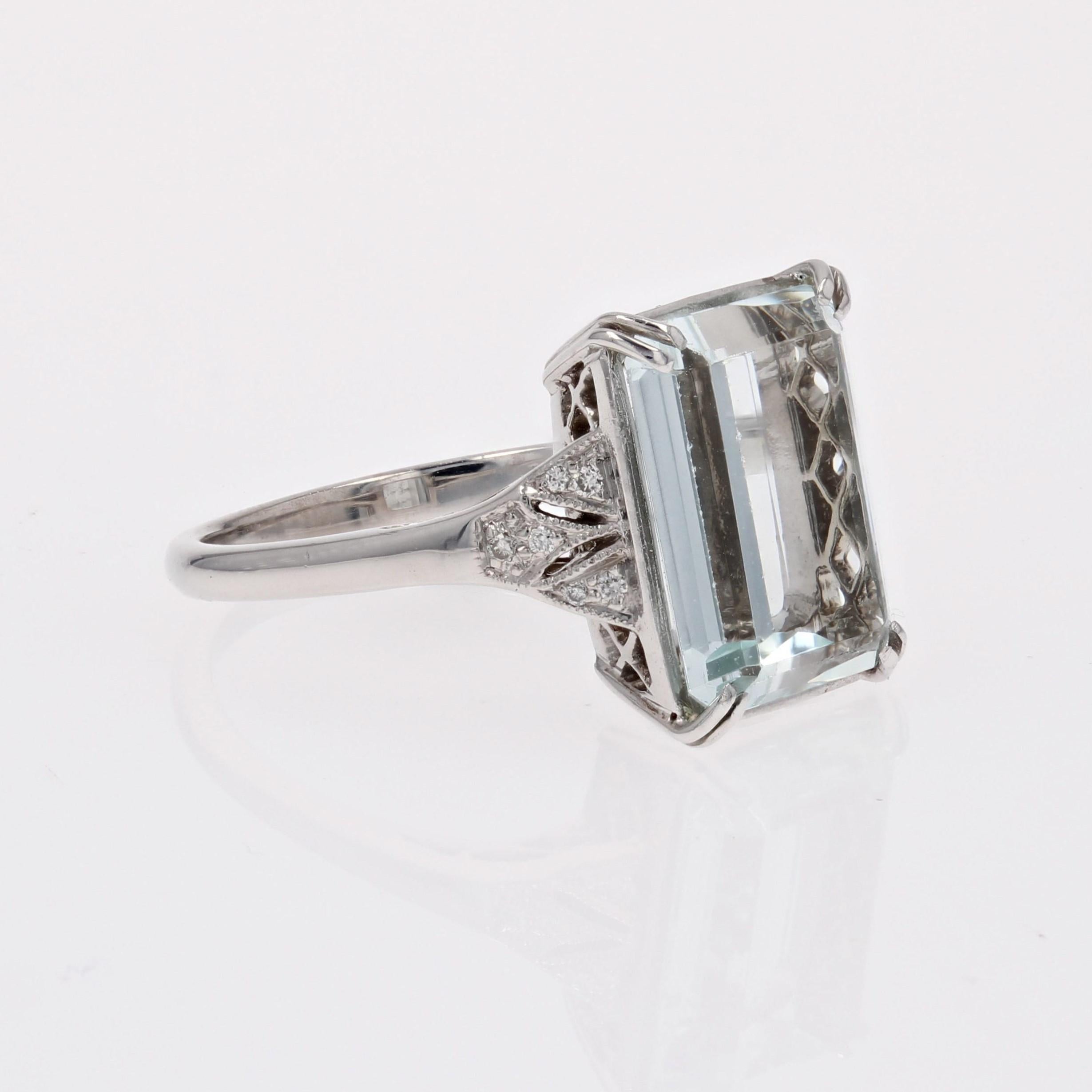 New Art Deco Style Aquamarine Diamonds 18K White Gold Ring 6