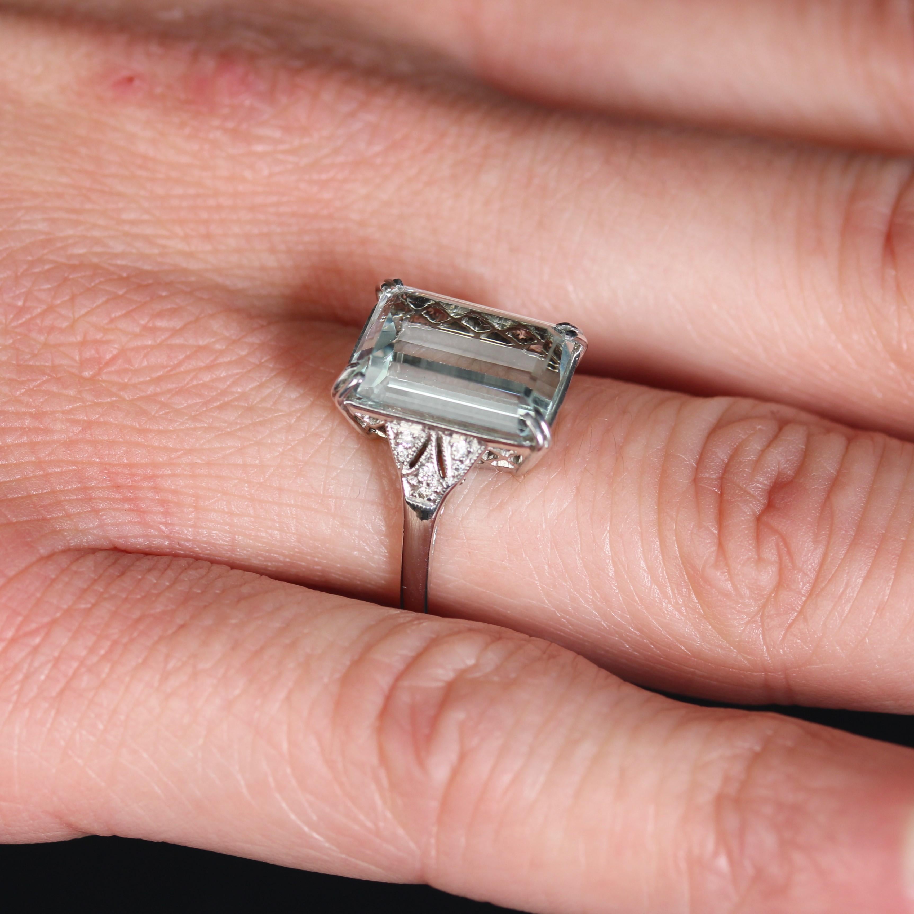 New Art Deco Style Aquamarine Diamonds 18K White Gold Ring 7