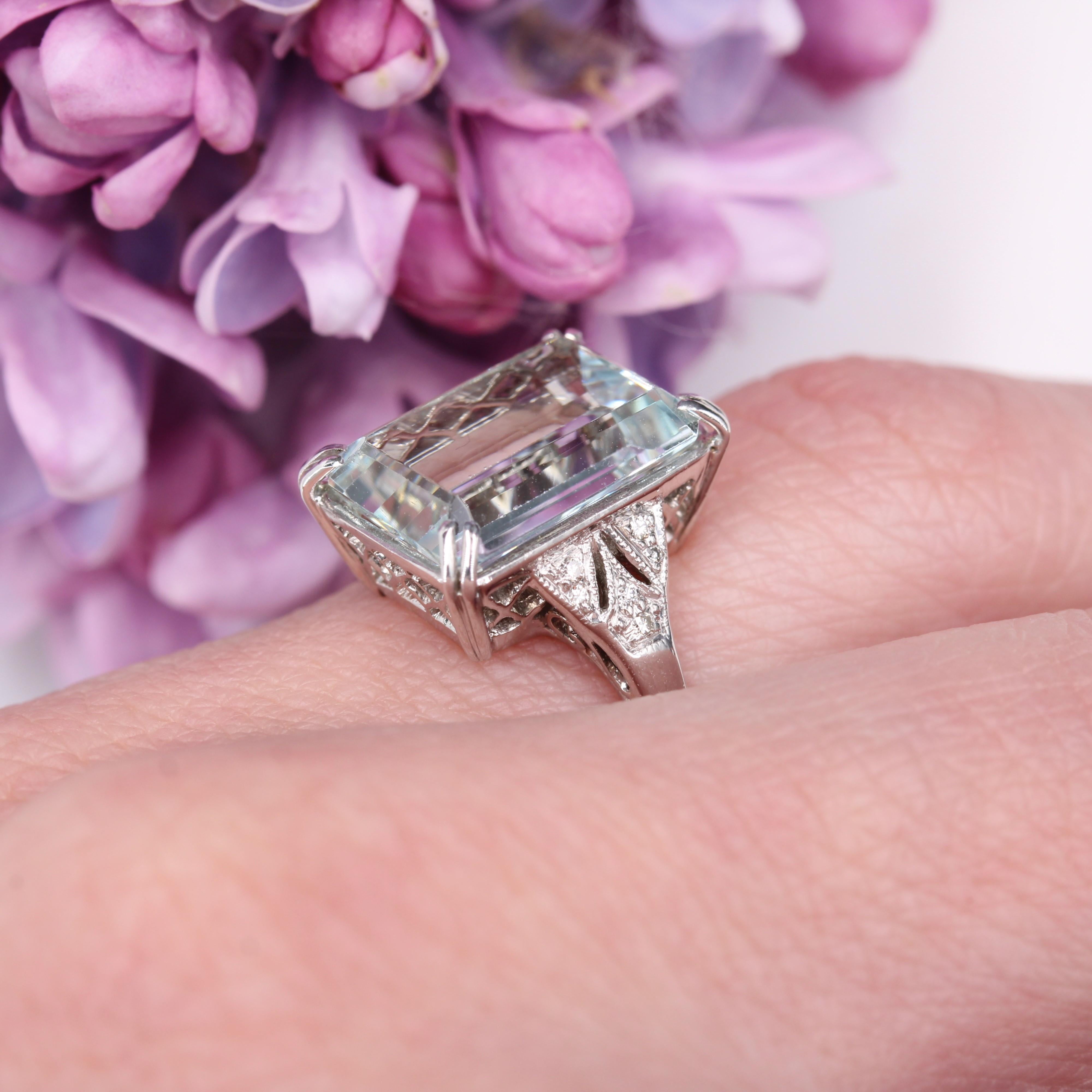 New Art Deco Style Aquamarine Diamonds 18K White Gold Ring 10