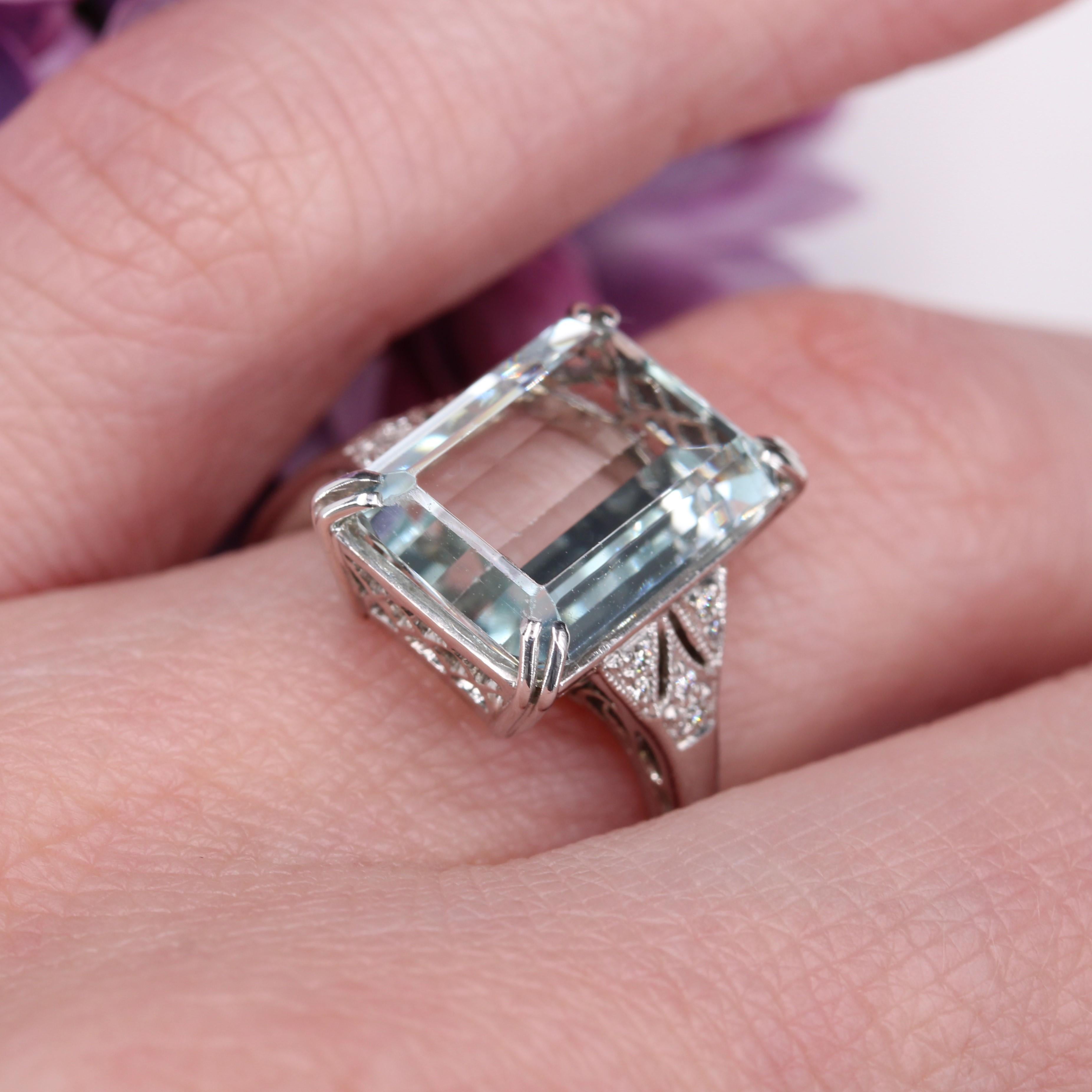 New Art Deco Style Aquamarine Diamonds 18K White Gold Ring 11