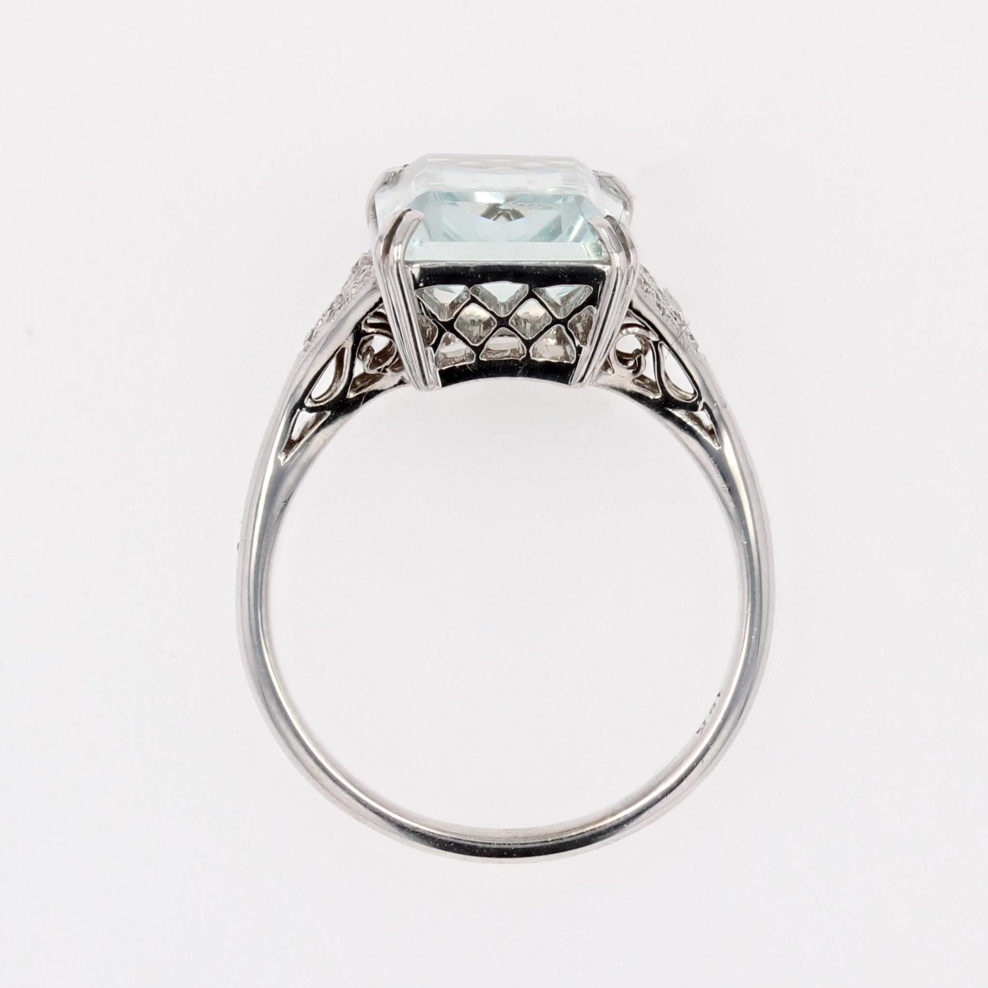 New Art Deco Style Aquamarine Diamonds 18K White Gold Ring 12