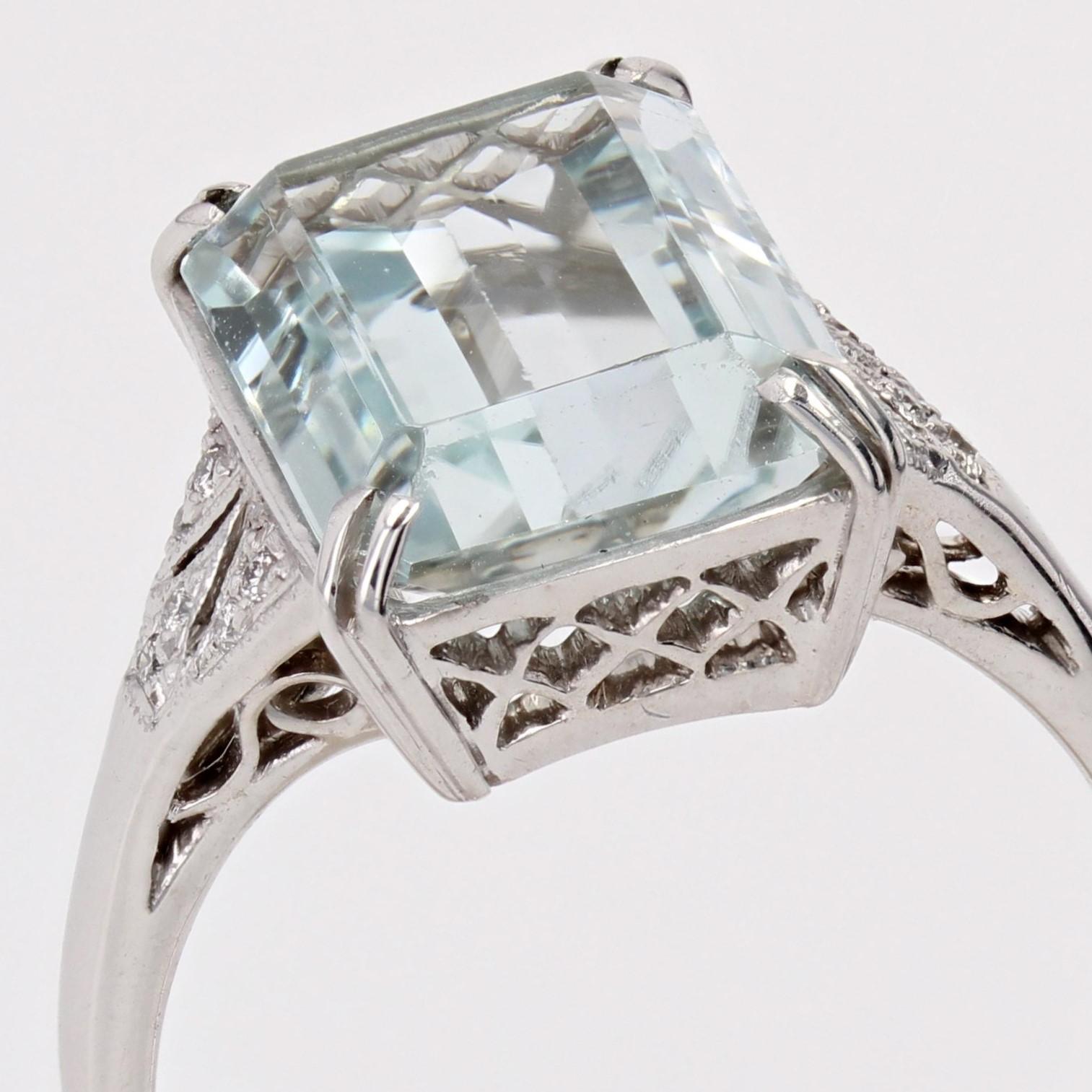 New Art Deco Style Aquamarine Diamonds 18K White Gold Ring 4