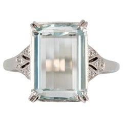 New Art Deco Style Aquamarine Diamonds 18K White Gold Ring