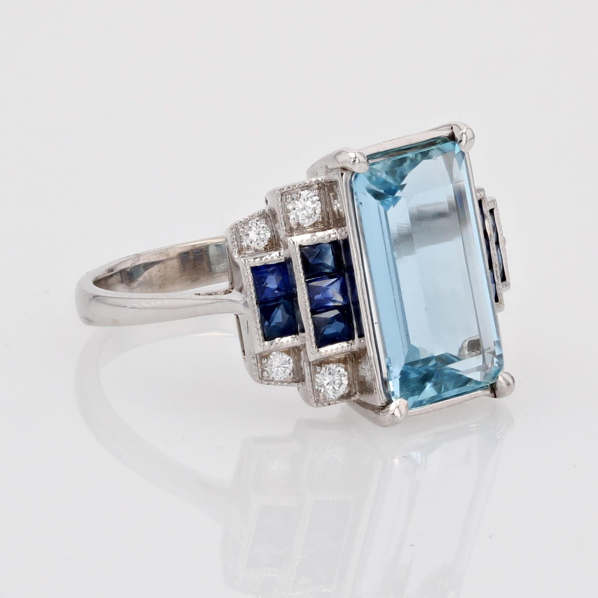 Nuovo anello a scalare in oro bianco 18 carati in stile Art Deco con zaffiri e acquamarine in vendita 5