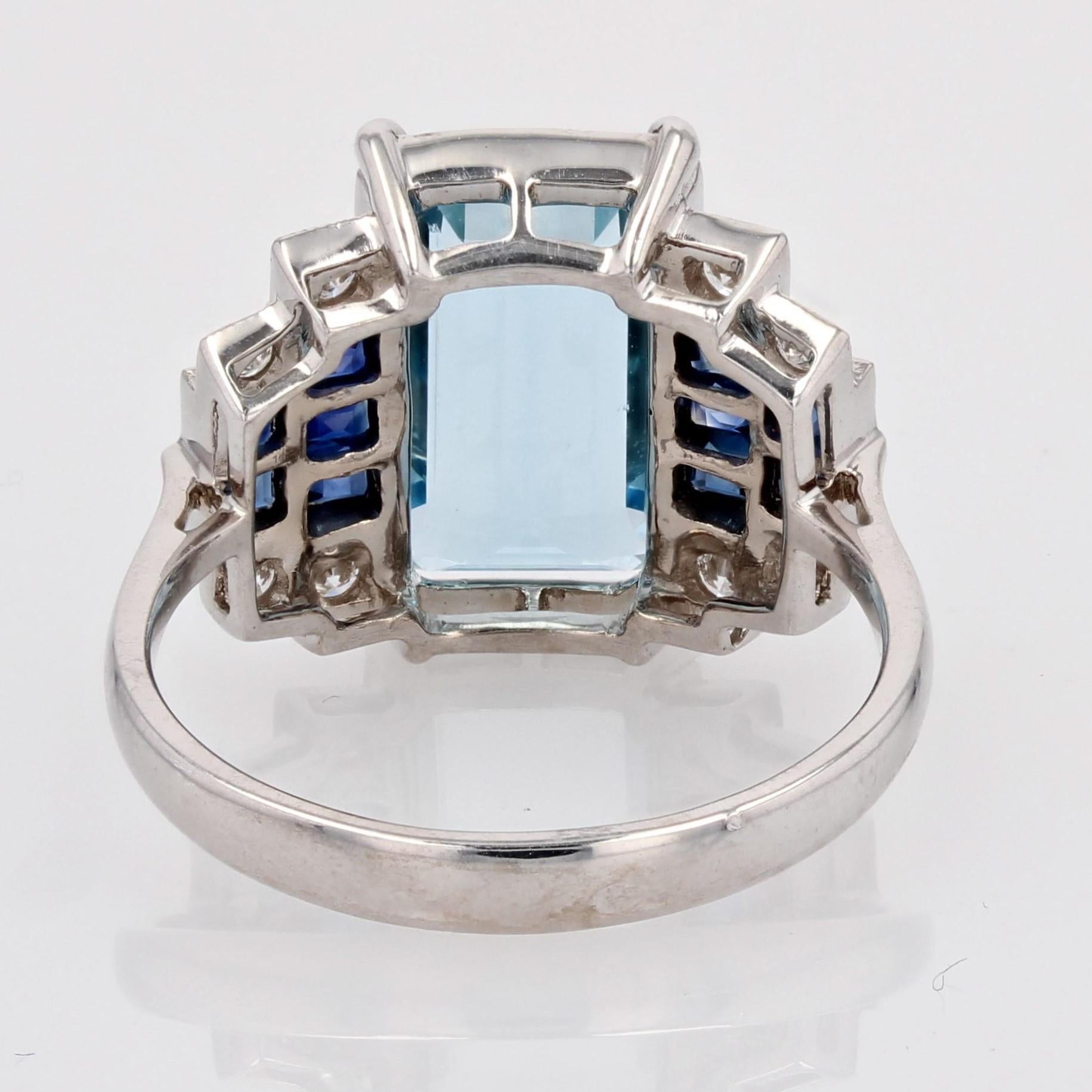 Nuovo anello a scalare in oro bianco 18 carati in stile Art Deco con zaffiri e acquamarine in vendita 10